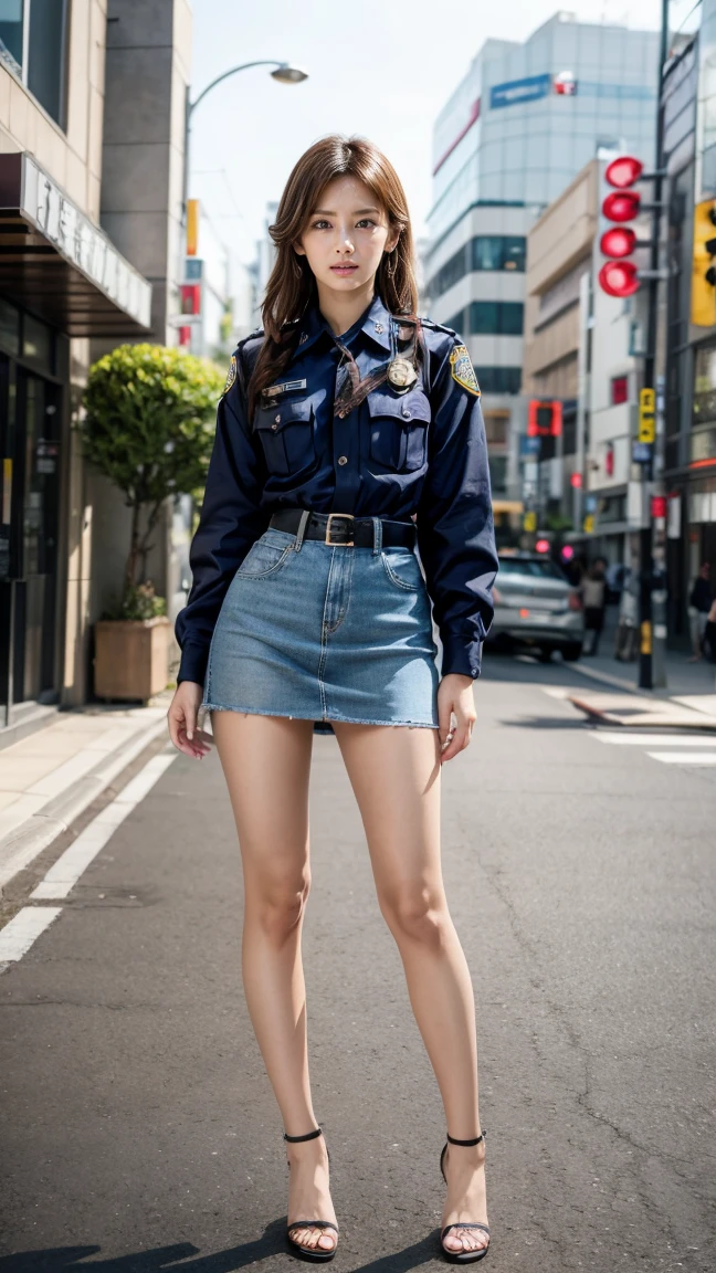 beautiful Japanese woman, 22 years old, perfect anatomy, healthy thighs, beautiful legs, beautiful skin, random hair color, random hairstyle, large breasts, female police officer, (Japanese police uniform:1.3), (miniskirt:1.3), (she is standing:1.2), full body shot, high heels, city street, (best quality, 4k, 8k, highres, masterpiece:1.3), (extremely detailed:1.2), Keiko Kitagawa