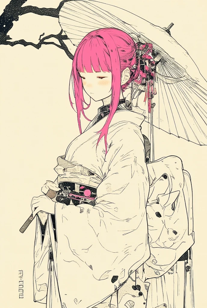  picture of an woman wearing a robe with traditional Japanese umbrella ,pink Hair, very fine ink lines , More about ultra-fine ink, Drawn with a single line,  ink outline , Ultra-fine details, hand drawn, Very fine ink lines ,  picture on parchment , Single line drawing,  illustration black outline , fine inking lines