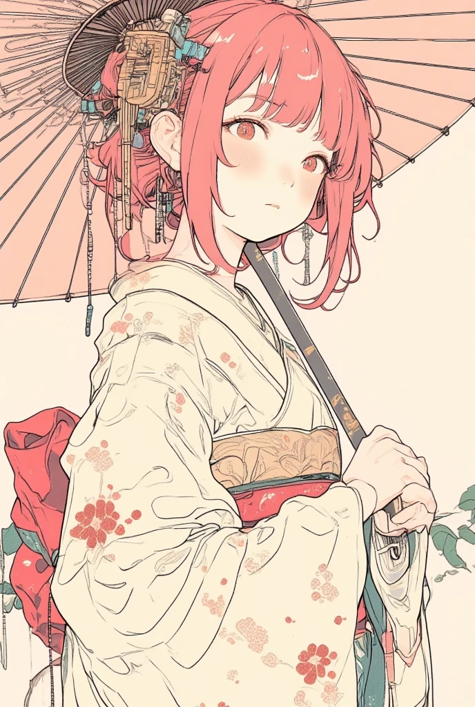  picture of an woman wearing a robe with traditional Japanese umbrella ,pink Hair, very fine ink lines , More about ultra-fine ink, Drawn with a single line,  ink outline , Ultra-fine details, hand drawn, Very fine ink lines ,  picture on parchment , Single line drawing,  illustration black outline , fine inking lines