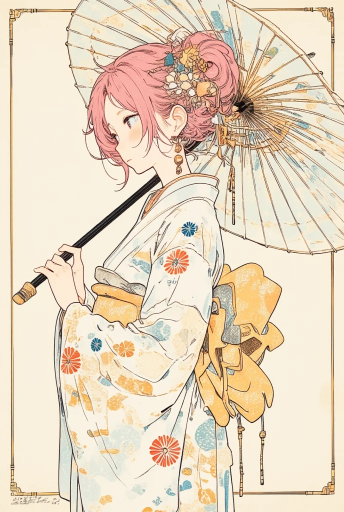  picture of an woman wearing a robe with traditional Japanese umbrella ,pink Hair, very fine ink lines , More about ultra-fine ink, Drawn with a single line,  ink outline , Ultra-fine details, hand drawn, Very fine ink lines ,  picture on parchment , Single line drawing,  illustration black outline , fine inking lines