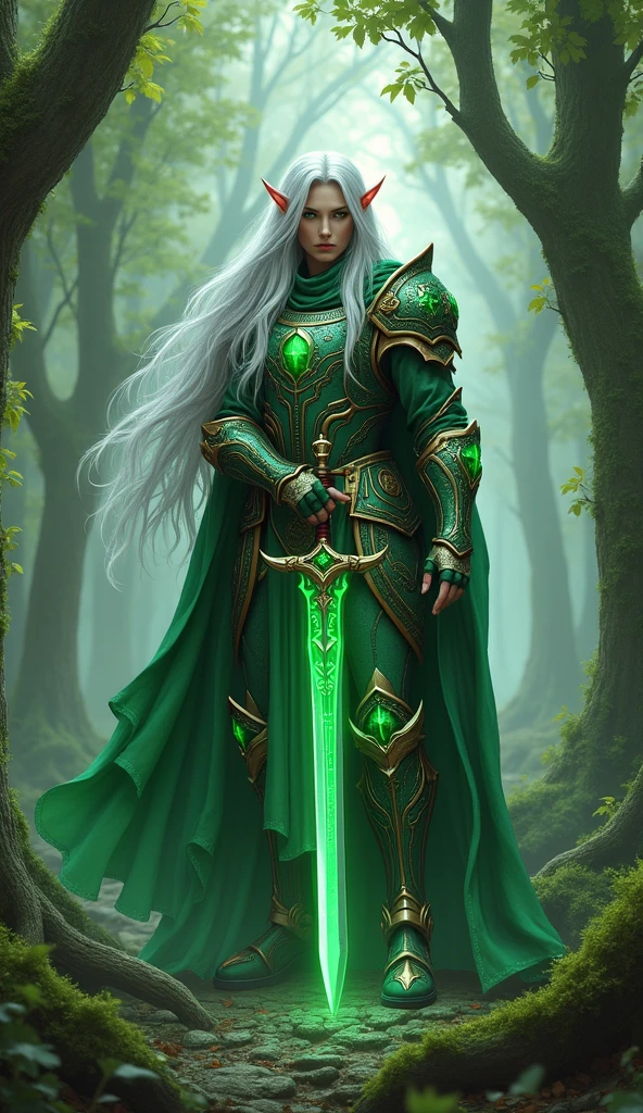 A warrior elf with emerald green eyes, long silver hair, and intricate ...