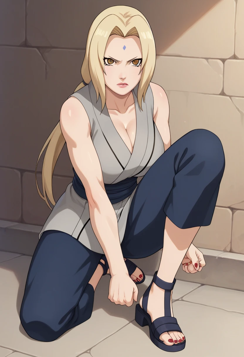 score_9, score_8_ up, score_7_ up,
ツ,  1 girl, Tsunade  (Naruto), ( watching viewers ), Blonde,  rose twin tail , Mark on the forehead,  brown eyes,  Big Breasts , Grey kimono,  sleeveless kimono,  blue pants ,  Sandals,  clevis on a stone, Red nails, 
 Is chest  ,  crooked one leg , 
Serious, Open lips, under your bust , Clenched hands, 
 simple background,  perfect lighting,
