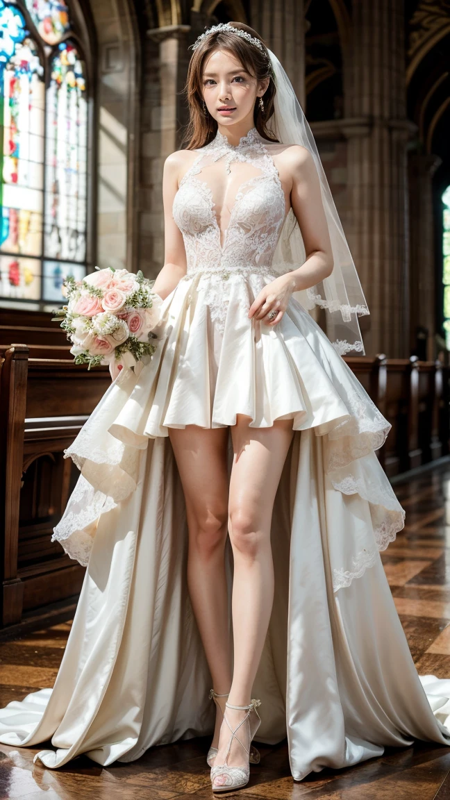 A beautiful young Japanese woman, 26 years old, with healthy thighs, beautiful legs, flawless skin, random hair color and style, large breasts, wearing a (wedding dress:1.3), (she is standing:1.2), full body shot, high heels, holding a bouquet in her hands, in a church setting, (best quality,8k, masterpiece:1.3), (extremely detailed:1.2), perfect anatomy, Keiko Kitagawa