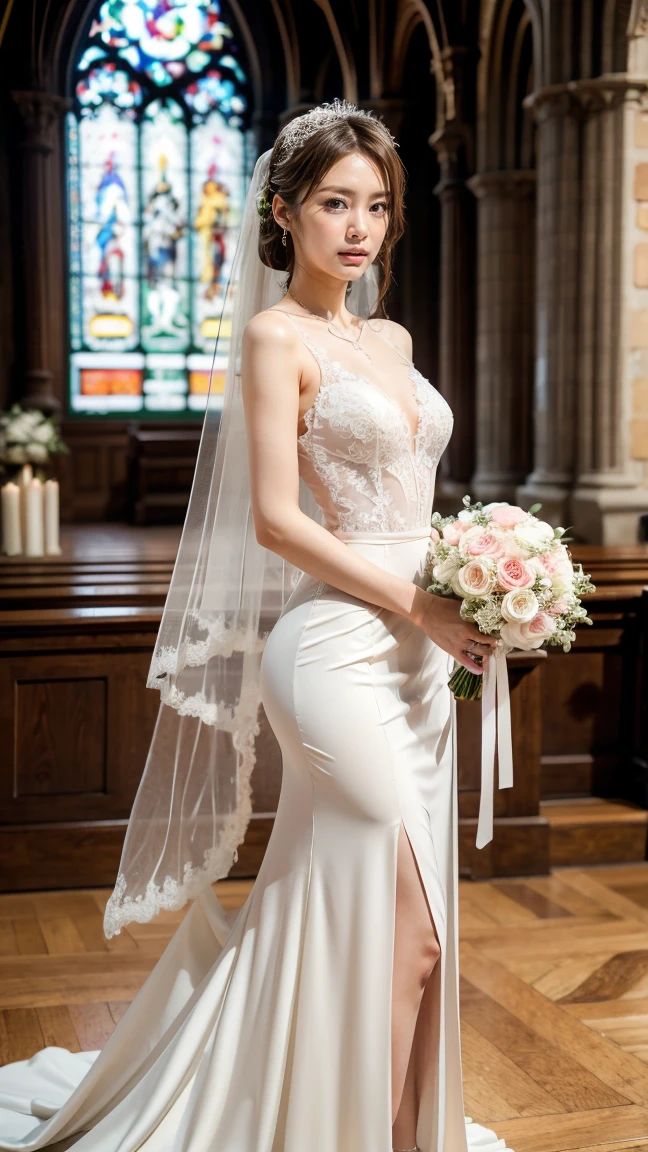 A beautiful young Japanese woman, 26 years old, with healthy thighs, beautiful legs, flawless skin, random hair color and style, large breasts, wearing a (wedding dress:1.3), (she is standing:1.2), full body shot, high heels, holding a bouquet in her hands, in a church setting, (best quality,8k, masterpiece:1.3), (extremely detailed:1.2), perfect anatomy, Keiko Kitagawa