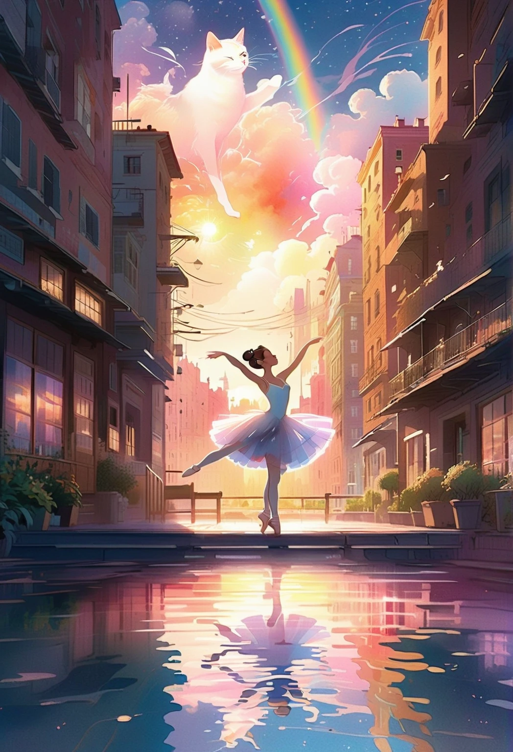 1 Female(ballerina in a white dress, Dancing, Ballerina's shining spotlight , [Cat ears:1.3]), ((whole body:1.5)), background\(The sunrise can be seen from between European buildings in the distance, dawn,  full of stars々), (Watercolor), (Soft layer, Wide range of colors), (deep, gentle color),  Her reflection blends into the nature around her, sparkling glitter , Multiple Exposure, It emits rainbow-colored light,  anime style ,  HD formal 