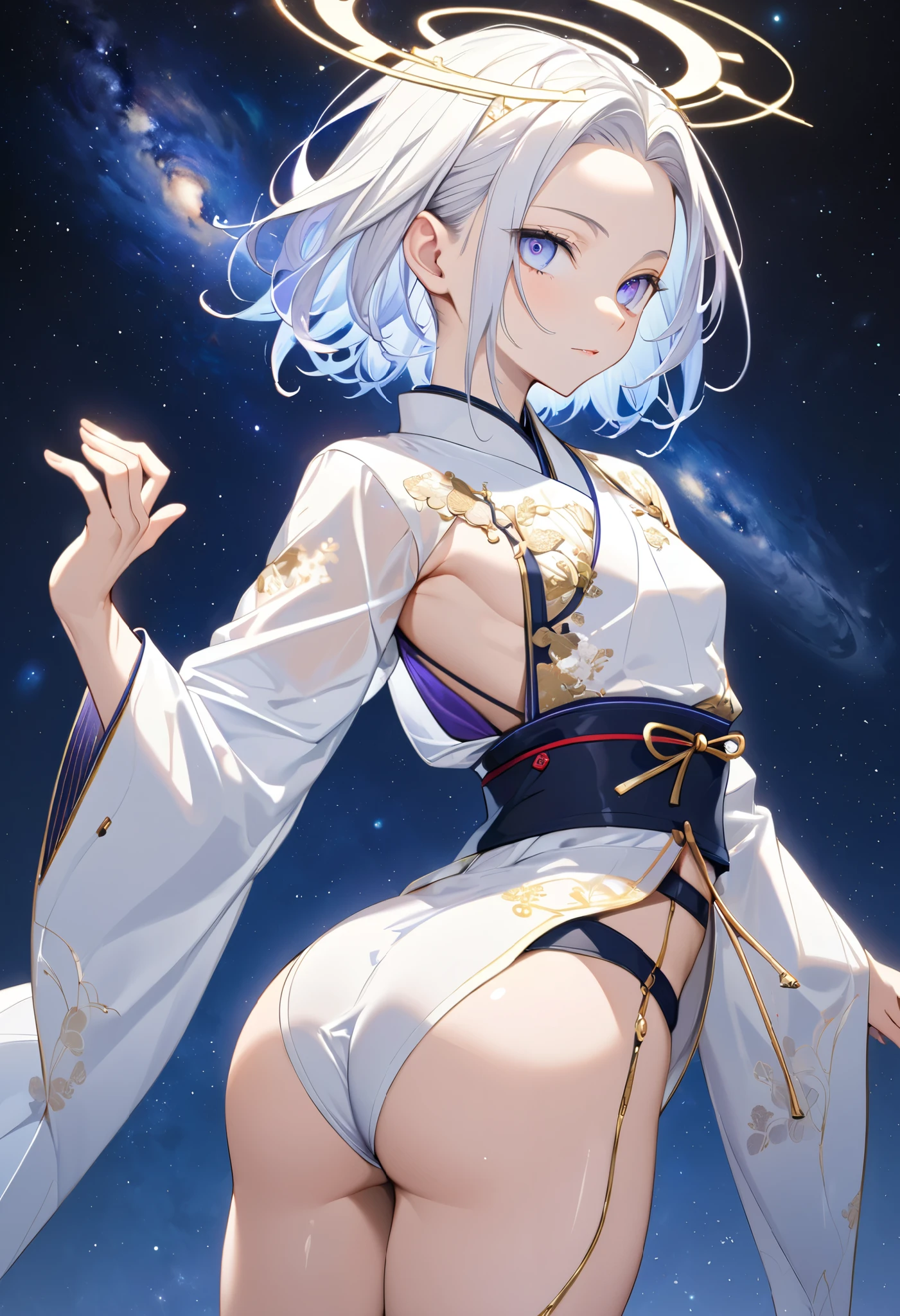 Fresh illustration,
Ultra-fine drawing,
Very delicate illustration,
Very fine details,
One boy,
Full body,
Height 158cm,
Pale skin,
Right eye is purple,
Left eye is blue,
Odd eyes,
Heterochromie iris,
Beautiful eyes,
Large black pupils,
Cleanly cut hairstyle,
Slicked back hairstyle,
Short hair,
Shiny hair,
White hair,
Protruding forehead,
Cute face,
Pretty face,
Shiny halo on the back of the head,
Raised eyebrows,
Kimono upper body,
Japanese clothing upper body,
Masculine build,
Six pack,
Very small breasts,
No breasts,
Chinese dress lower body,
Black obi,
Overall white clothes,
Tasteful embroidery with gold thread,
Clothes with high-quality texture,
Jock straps,
Thigh straps top,
thigh straps digging into skin,
white long boots,
Japanese-style toes,
five fingers and toes,
thin waist,
thin legs,
isometric,
golden ratio,
divine atmosphere,
wearing an indigo-colored stand-up collared inner,
outer space,
galaxy,
countless small stars,
tactical use of shadows,
free pose,
sexy pose,
exposed skin,
naughty pose,
adult pose,
lewd appearance,
looking at camera,
buttocks facing camera,
pervert,
clothes are see-through, revealing pink nipples and erect penis