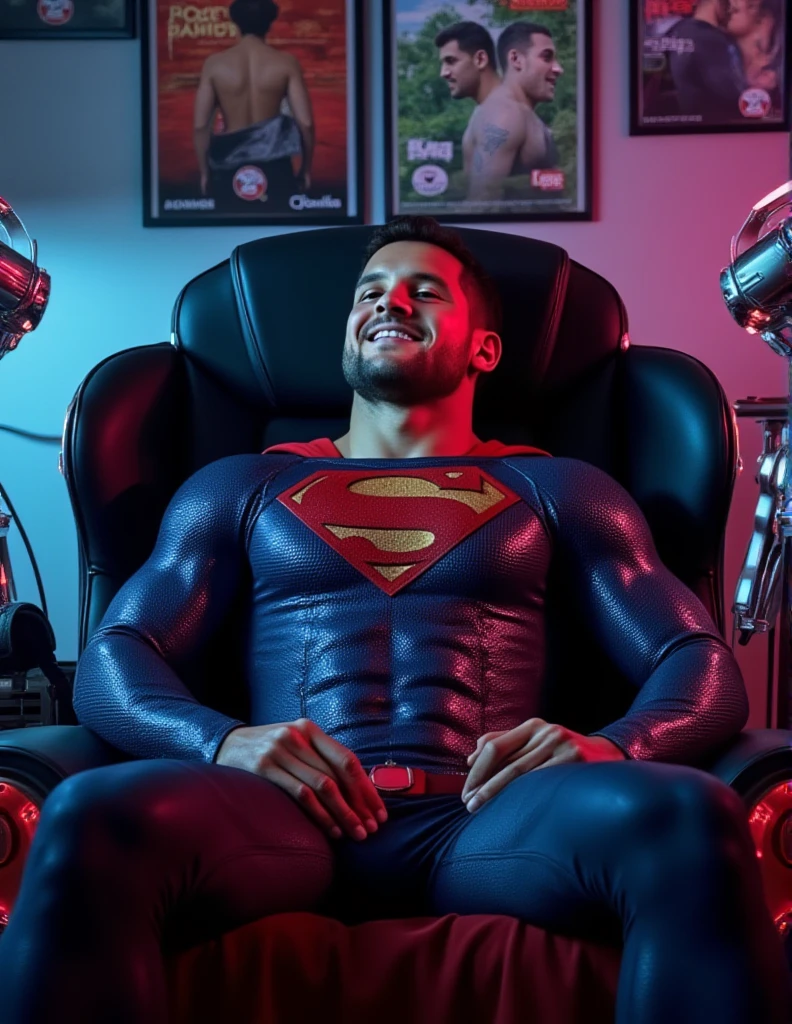 Superman wearing a classic Superman outfit , about 30 years old,sitting up on a cyberpunk armchair, futuristic robotic arms from armchair with suction heads penetrate his abdominal muscles body, emitting lights. bright with dim LED lighting, lean back, expression of joy. computer display Gay kissing man . not naked. milk flowing out, small black purse on desk, gaming posters in the background.