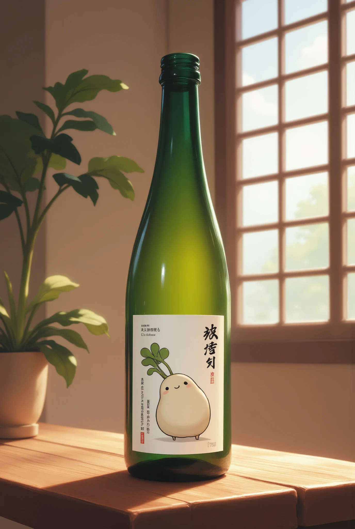  design of a one-liter bottle of Japanese sake ,  label with a daikon character drawn on the :"white radish",  label,  bottle on the table ,   sake product photo 、 text on the left side text on the : Daikon sake 