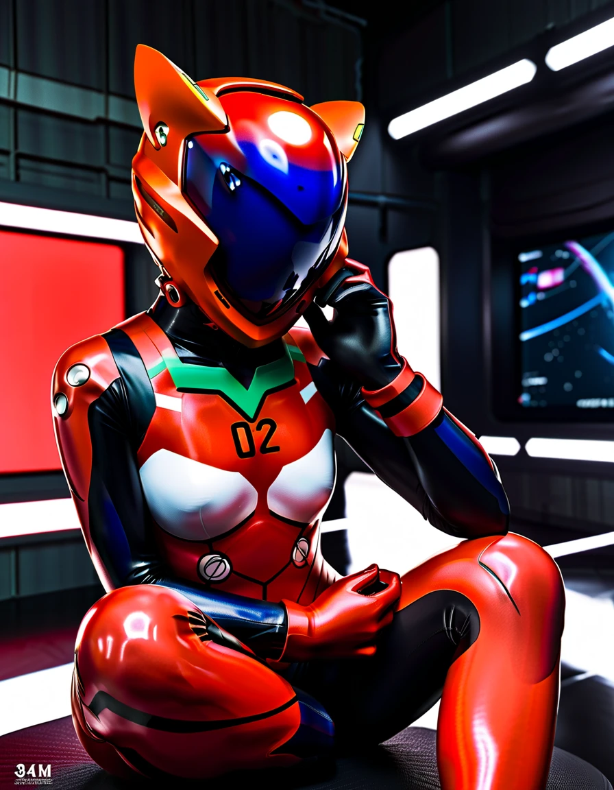 (wariza:1.5), 1girl,solo,phone,blush,,short hair,,censored,bangs,sitting,(best quality,masterpiece:1.3),absurdres,highres,8k,ultra high res,official art,illustration,extremely detailed,(plugsuit), bodysuit,, space helmet,,plugsuit, red bodysuit,evangelion,(red helmet:1.2), space helmet, cat ears, , eva helm,