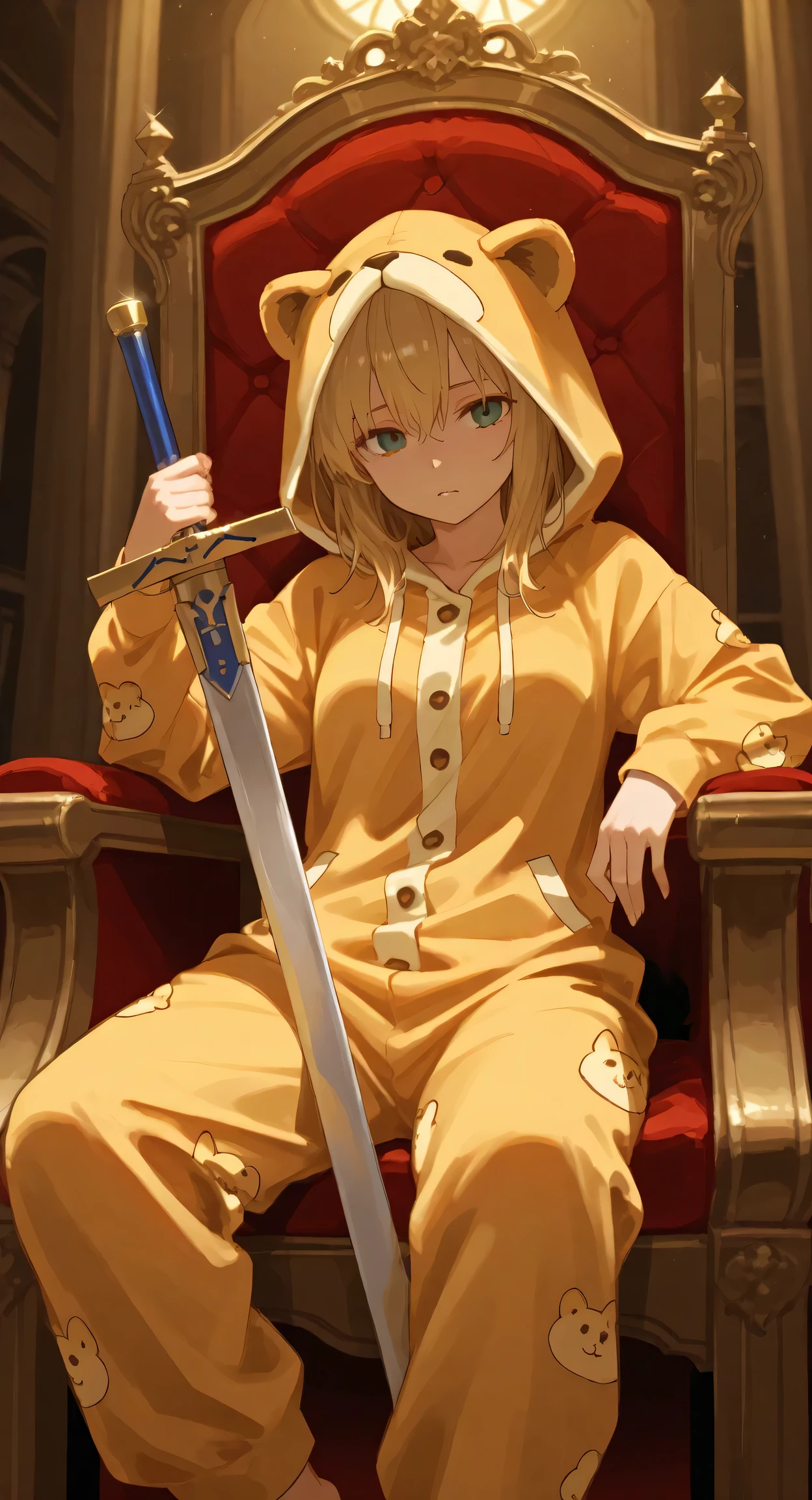 cowboy shot, 1girl,holding sword, excalibur \(fate/stay night\), sword between thighs, lion pajamas, animal hood, sitting on throne, indoors,throne room, masterpiece, best quality, amazing quality