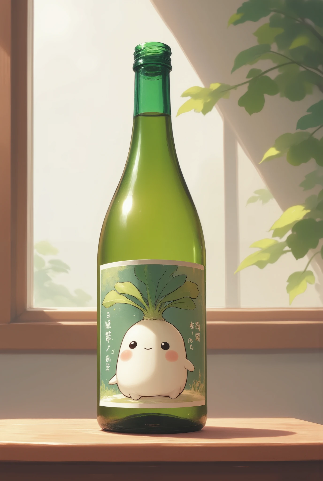  design of a one-liter bottle of Japanese sake ,  label with a daikon character drawn on the :"white radish",  label,  bottle on the table ,   sake product photo 、 text on the left side text on the : Daikon sake 