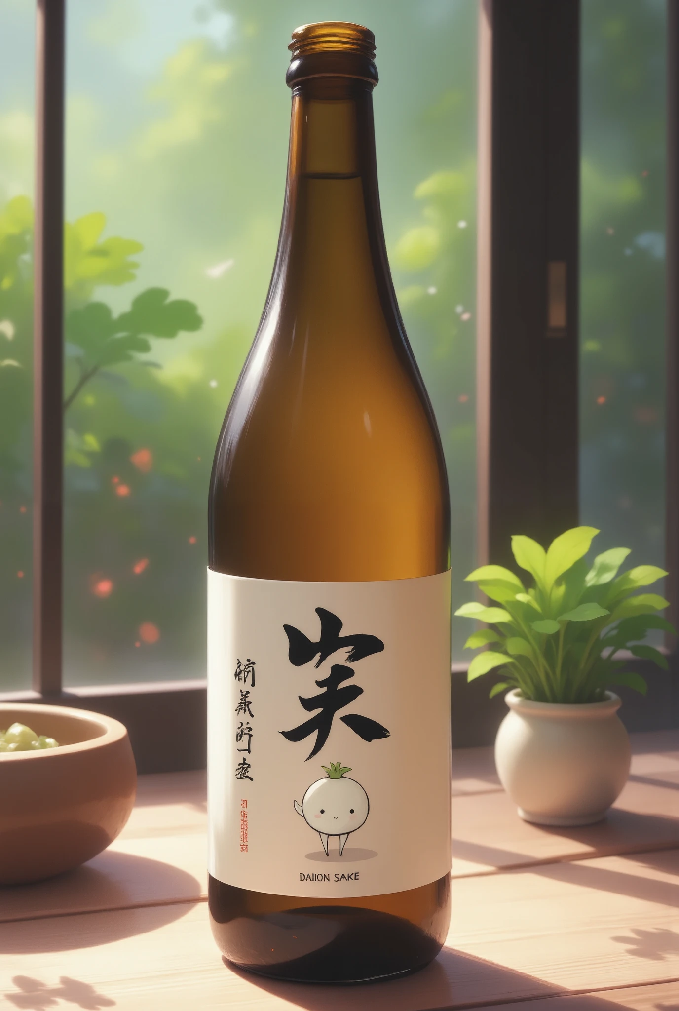  design of a one-liter bottle of Japanese sake ,  label with a daikon character drawn on the :"white radish",  label,  bottle on the table ,  sake product photo 、(( text on the left side text on the : Daikon sake , In a brushstroke font))。