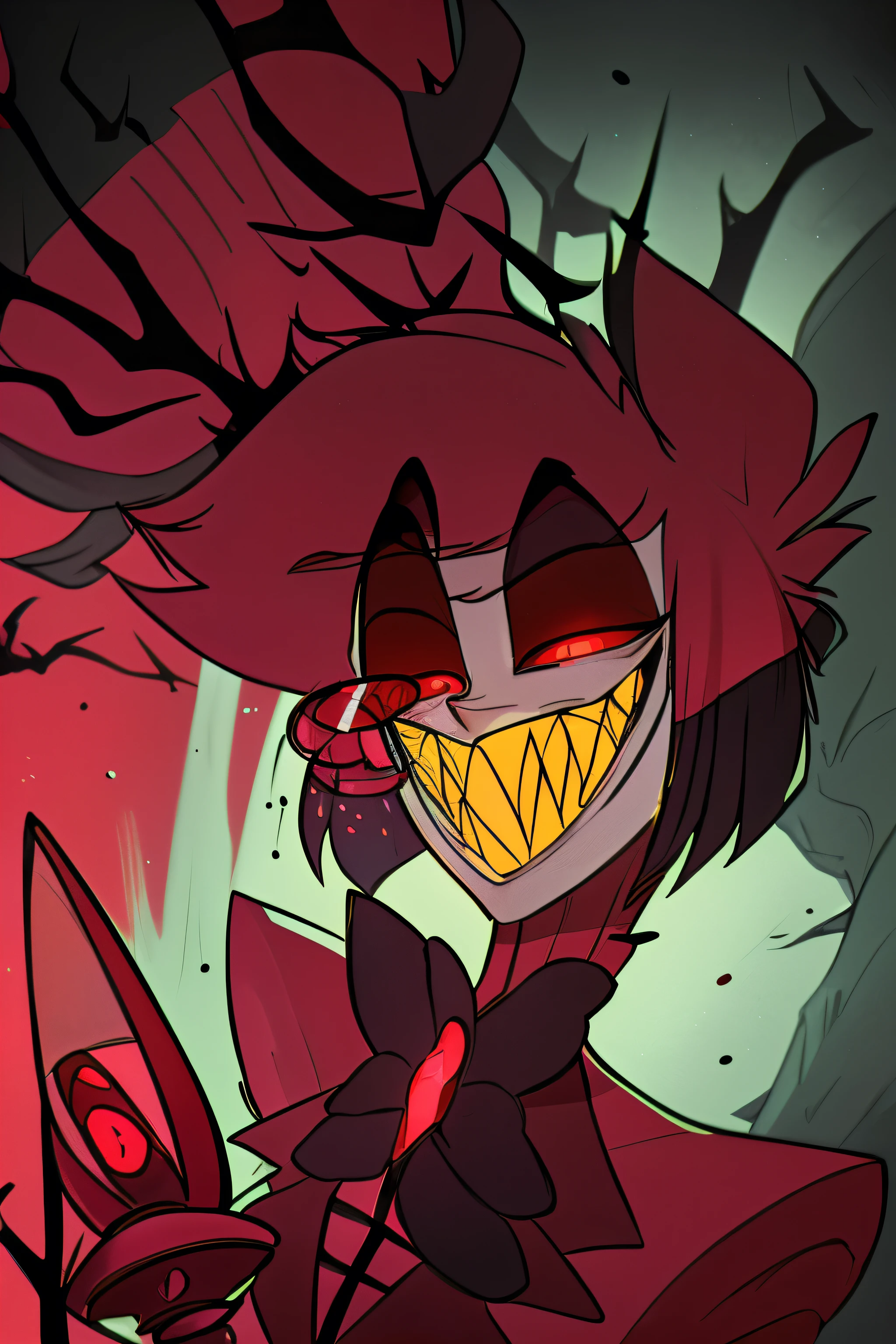 Alastor from the Hazbin Hotel intimidating and seducing the viewer. 
the view is low, looking down on the character,  full body drawing,  full body, cartoon anime style, Horror, terrifying, attractive, ( best quality ,4K,8k, highres icon, Ultra-detailed,Horror,anime,professionally lit, , ((scarlet eyes)), (( Red Eyes),bowtie, jacket, eyeglass , microphone, Suit, 1 boy, Alone,  animal ears , sharp Teeth,  Red Eyes, Teeth, bow, to smile,  looking at the spectator ,  constricted pupils ,  red hair, smile, multicolo red hair,  red sclera , holding microphonevibrant colors,  sharp focus, detailed facial features, wicked to smile, piercing  Red Eyes, slicked back black hair,  formal suit , coconut hat , radio microphone,  vintage aesthetic ,  sinister lighting ,  sinister atmosphere , haunting presence in all, slim figure with deer antlers on his head, sporting pale white skin, sharp Teeth, and striking  Red Eyes. 1930s vintage style attire, black Suit with white pinstripes and a stylish red bow tie, complemented by a black coconut hat  adorned with a distinctive red band, embodying the essence of a classic early 20th century radio host, which perfectly matches his charismatic and charming demeanor in the series.