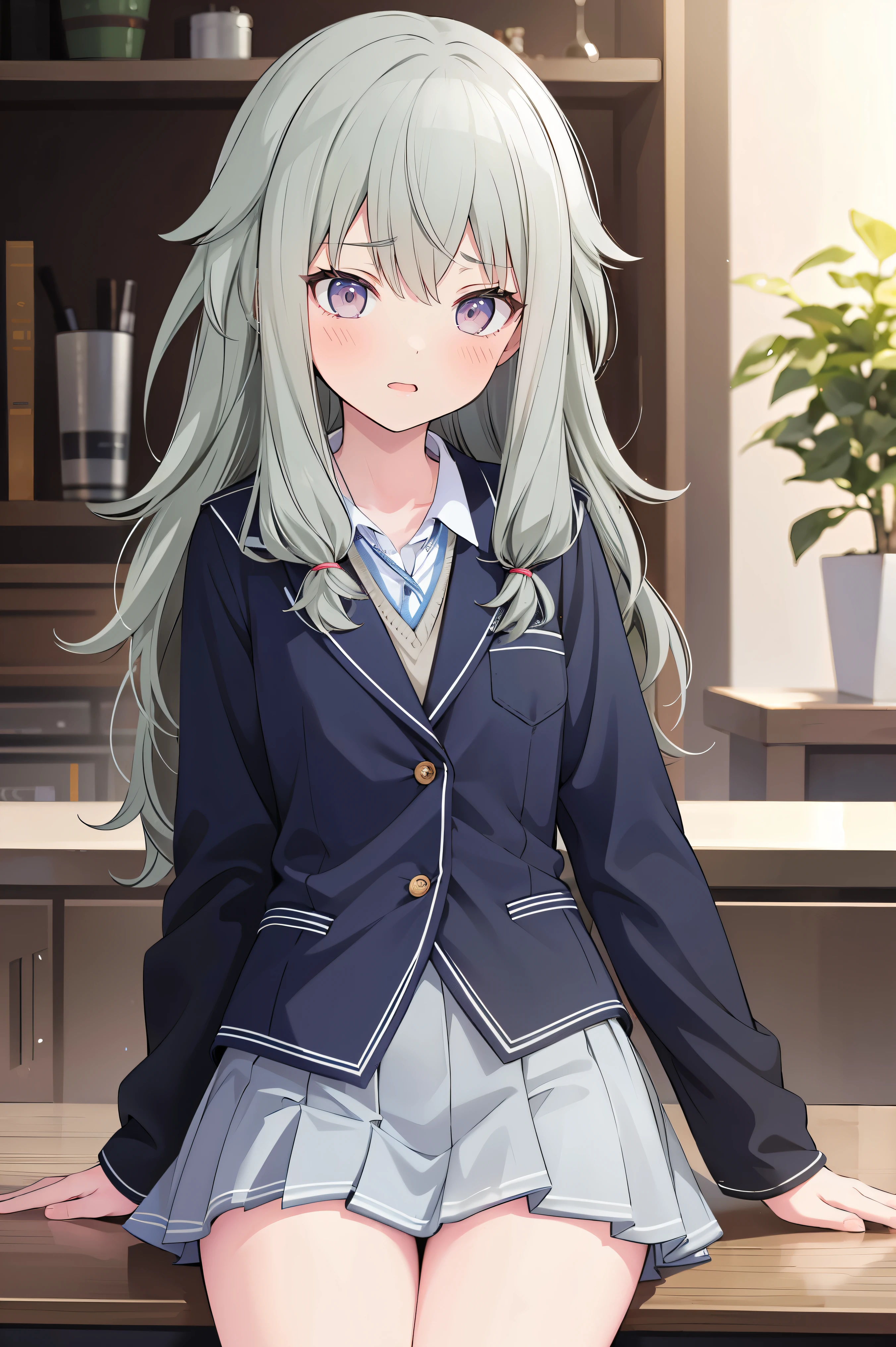 (8k, 最high quality)、Ultra-high resolution、Adorable、最high quality, beautiful,、school uniform、blazer、high quality、Shiny Hair、very fine and beautiful, bright eyes、Medium chest、nose blush、(Anatomically correct), medium on a white shirt, whole body, 超 high definition 、( top quality ), ( Masterpiece ), 1080P, high definition , 4K, 8k, Thighs,