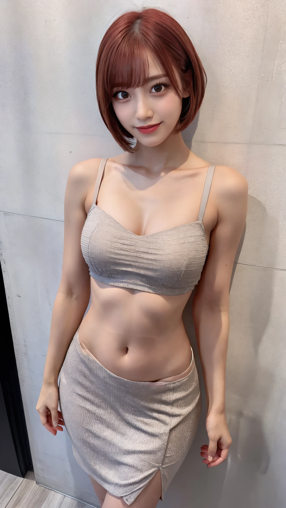 (Blue eyes:1.2)、The best smile、(ash gray hair:1.5)、、short-hair, (RAW photography、top-quality)、(hentail realism、Photorealsitic:1.3)、top-quality、tmasterpiece、Extremely Delicately Beautiful、A highly detailed、NFFSW、A sense of unity、2k wallpaper、magnifica、Beautiful face in every detail、tmasterpiece、Light smile、top-quality、Highly detailed ticker Unity 8k wallpaper、hugefilesize、ultra - detailed、A high resolution、The is very detailed、Female 1 Person、Slim body、D-cups、(Black tights top:0.7)、(Pink skirt:1.2)、Look at the front、Sharp focus、facial closeups、PureErosFace_V1:0.8 Short hair、Instagram、Viewer's perspective、self-shot