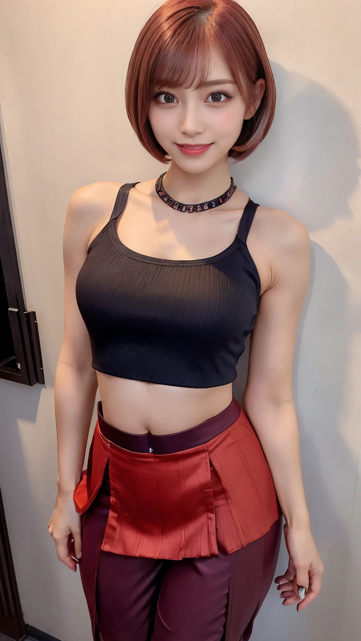 girl 21 years old, short shoulder-length hair, pink hair color, taking a selfie, handheld perspective, wearing a short black skirt, black T-shirt, leaning on a table,room in the background