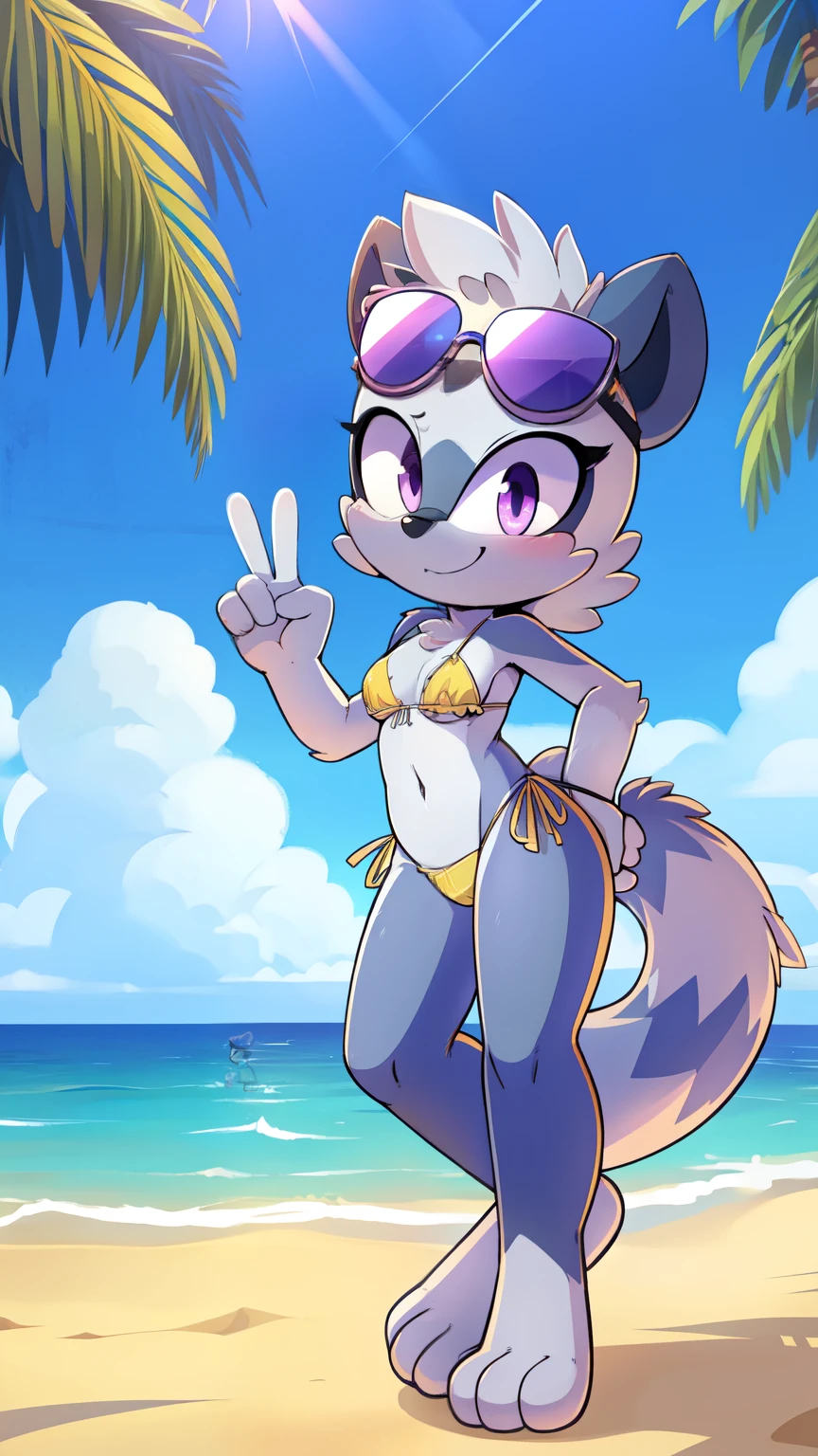 score_9,score_8_up,score_7_up, source_cartoon, source_furry, tangle the lemur, girl, lilac eyes, gray hair, spiky hair, small breasts, detailed face, detailed eyes, detailed body fur, glistering body, shiny body, gorgeous body, ((sunglasses, yellow bundeau frilly bikini)), :3, full body, feets with three toes, 3 toes, thick outline, anthropomorphic, countershading, beach, clear sky, v sign, v, standing, 