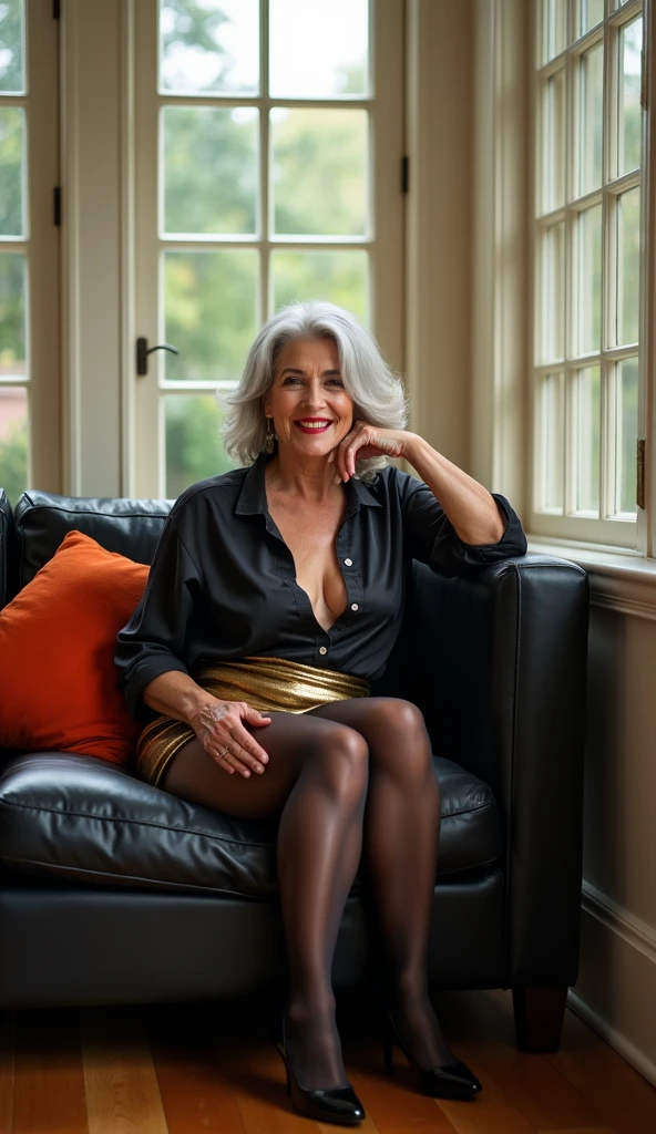 Full shot of a elderly-aged woman sitting on a black leather couch,
she has shoulder-length light gray hair,
she has an opulent chest,
She is wearing a shiny black satin low-cut shirt,
her unbuttoned shirt reveals a significant amount of her big breasts,
she is wearing a shiny gold latex mini skirt,
she is wearing opaque black tights,
she is wearing black high-heeled pumps,
Her feet are visible, 
She has a a friendly expression and a bright cheerful smile,
her lips are a vibrant red, 
Her posture is relaxed but elegant whith cross-legged,
Her right arm is resting on her face, with her hand near her mouth,
The couch has an orange cushion/pillow resting against her back,
The background includes large windows with grids, letting lots of natural light that casts shadows across the room,
The walls are a light beige or cream color,
A hardwood floor is visible beneath and around the lounge,
Overall the image evokes a feeling of luxury, seduction and sensuality,