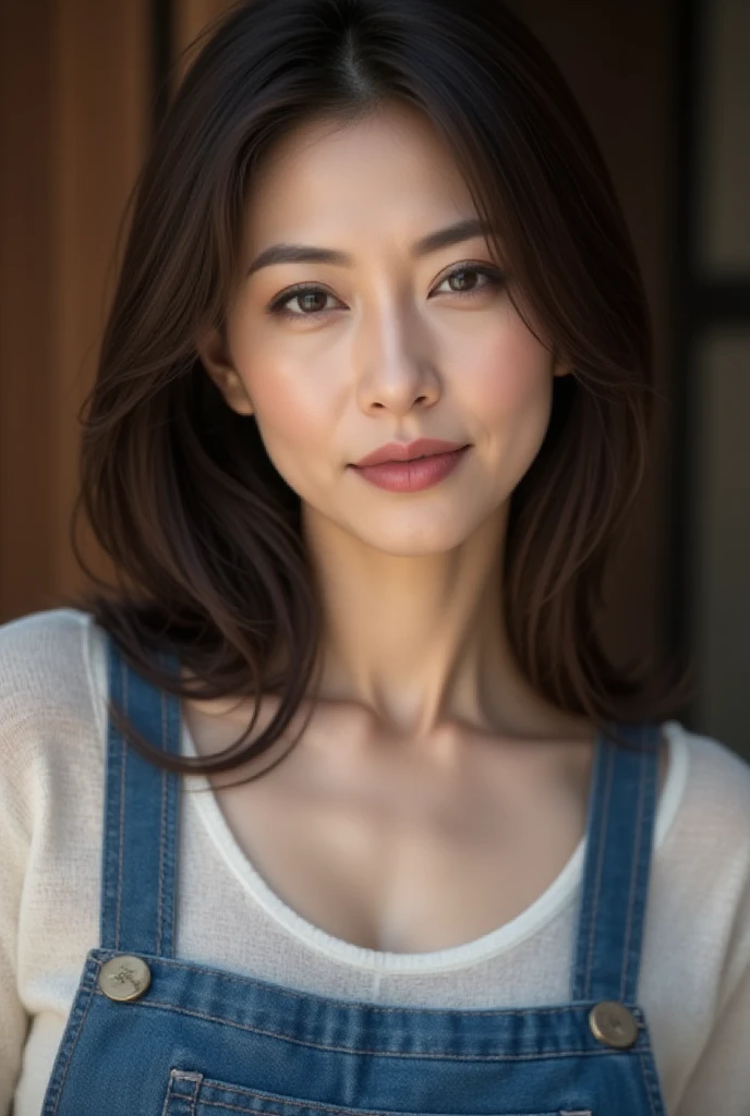 Mature Woman, ( Detailed description of the hair), (Detailed description of the face), (Detailed description of the body), high definition , masterpiece,  top quality ,  High Details, formal: 1.4), ( realistic : 1.2, 超 realistic な: 1.1,  realistic: 1.37), ( sharp focus : 1.4),  is written by,  looking up with moist eyes,  wavy hair , ,  unrivaled beauty , (Ultimate beauty), (lipstick:1.1), ( eyeliner :1.2), ( mascara), ( Eye Shadow ), (48 years old,: 1.4), Japanese、 closeup 、 fine lines of laughter :1.2、seductive smile,(denim blue x unisex apron with buttons)、blurry background、(smile),from side