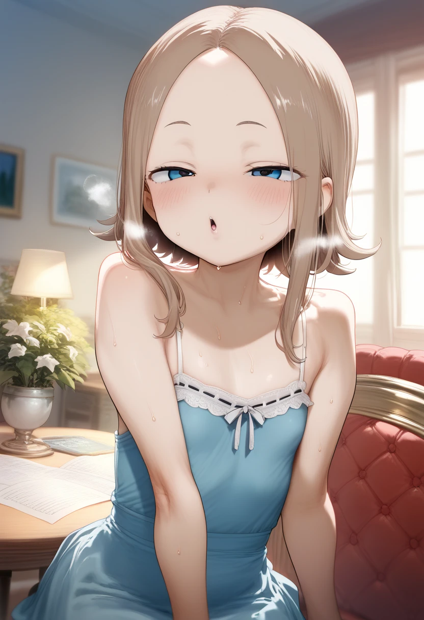  flat breasts、flat chest,、sweat、In the heat、takagi-san、    camisole long maxi dress  、loli 、
{ top quality}, {  very beautiful in a chair  }, { Very detailed、 brown hair }, {  best illustrations},life、  slim:1.5、  half-closed eyes、 can be seen on the forehead