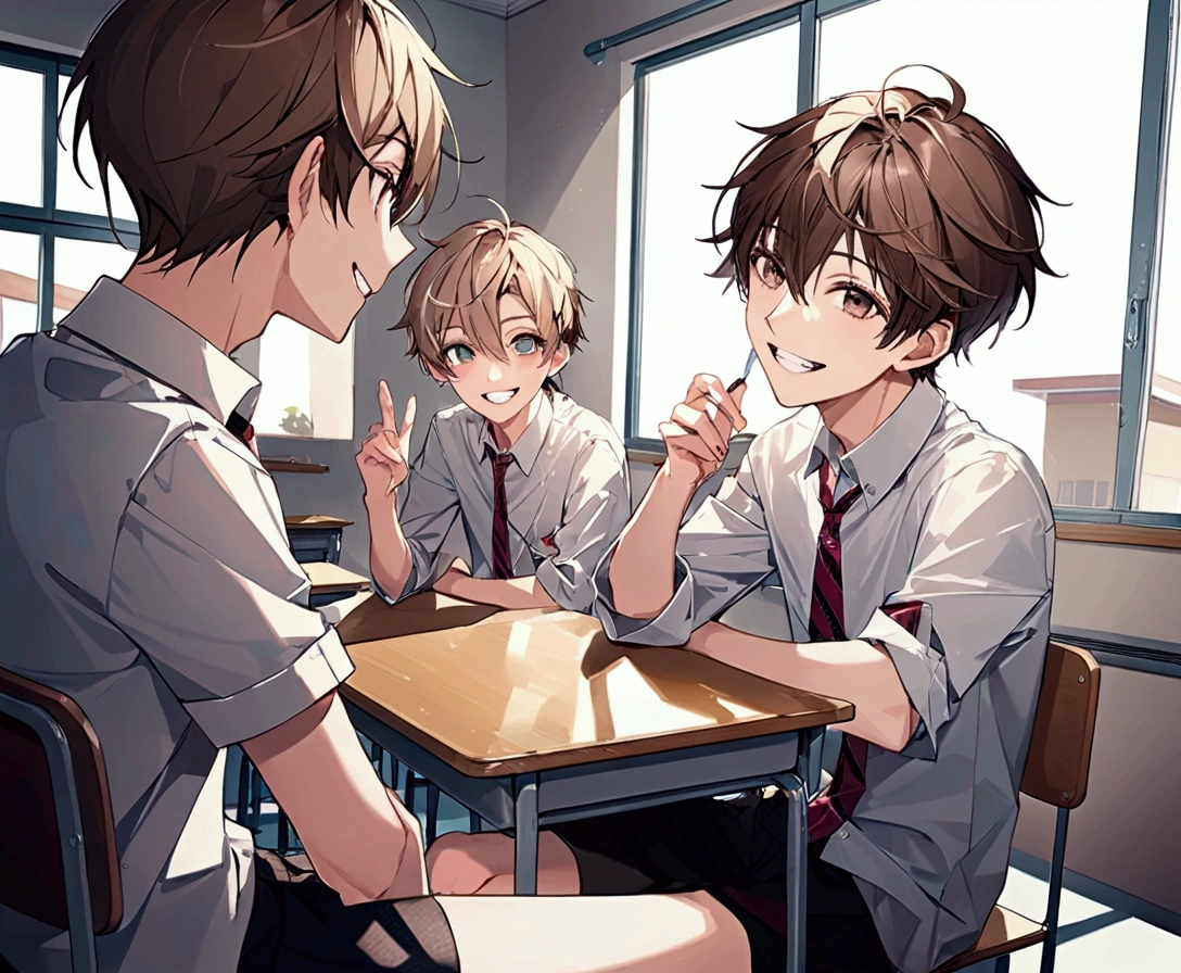 (((Sitting on a classroom chair))). Smiling while talking, with a visible toothy smile. ((A male high school student)) with light brown hair. He is wearing a white shirt and chatting with three other male high school students. The composition is viewed diagonally, in a bird’s-eye perspective (overhead view).