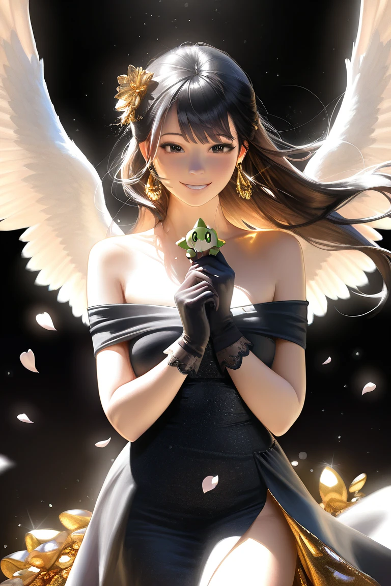  jorbria ,  angel wings ,  beautiful woman , ( Photorealistic), with backlight,  black background , black  dress , black gloves,  black hair, smile,  cowboy shot,  dress , earrings, Floating hair, gloves, gold earrings, gold ,  Hair flower ,  hair ornament , (()),  jewelry , Particles of light,  long hair,  View Viewer, off-the-shoulder  dress , no shoulders,  petals , Side Rock , One, spike , beautiful dress,  Double-sided fabric , (( masterpiece fails))  