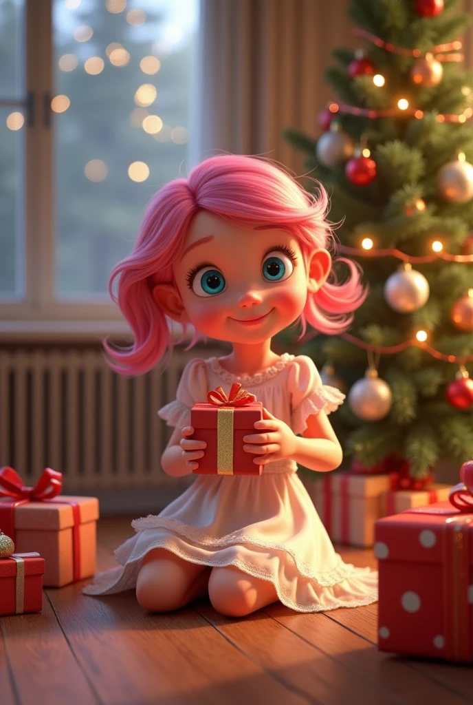 Super realistic 8K UHD image (((Masterpiece))), (((Best quality))), ((ultra definition)), of a beautiful and smiling 3d Pixar girl, blue eyes. pink hair. little white dress, opening Christmas presents next to the tree in the living room, 1 excited girl, bright pretty face