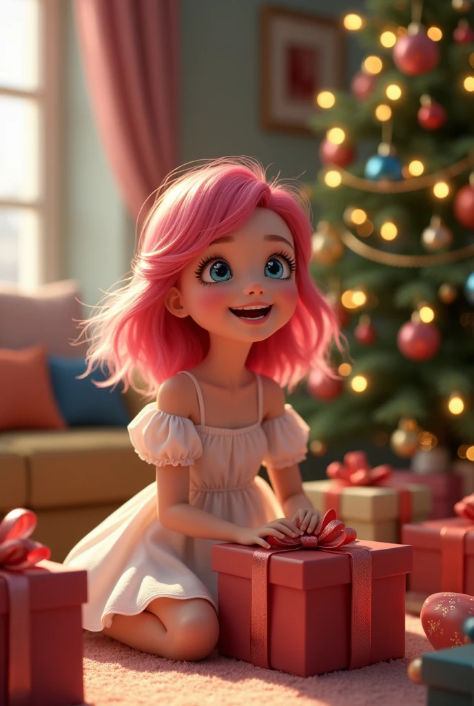 Super realistic 8K UHD image (((Masterpiece))), (((Best quality))), ((ultra definition)), of a beautiful and smiling 3d Pixar girl, blue eyes. pink hair. little white dress, opening Christmas presents next to the tree in the living room, 1 excited girl, bright pretty face