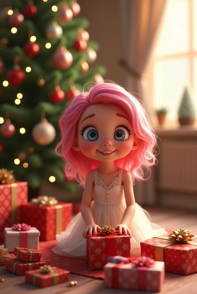 Super realistic 8K UHD image (((Masterpiece))), (((Best quality))), ((ultra definition)), of a beautiful and smiling 3d Pixar girl, blue eyes. pink hair. little white dress, opening Christmas presents next to the tree in the living room, 1 excited girl, bright pretty face