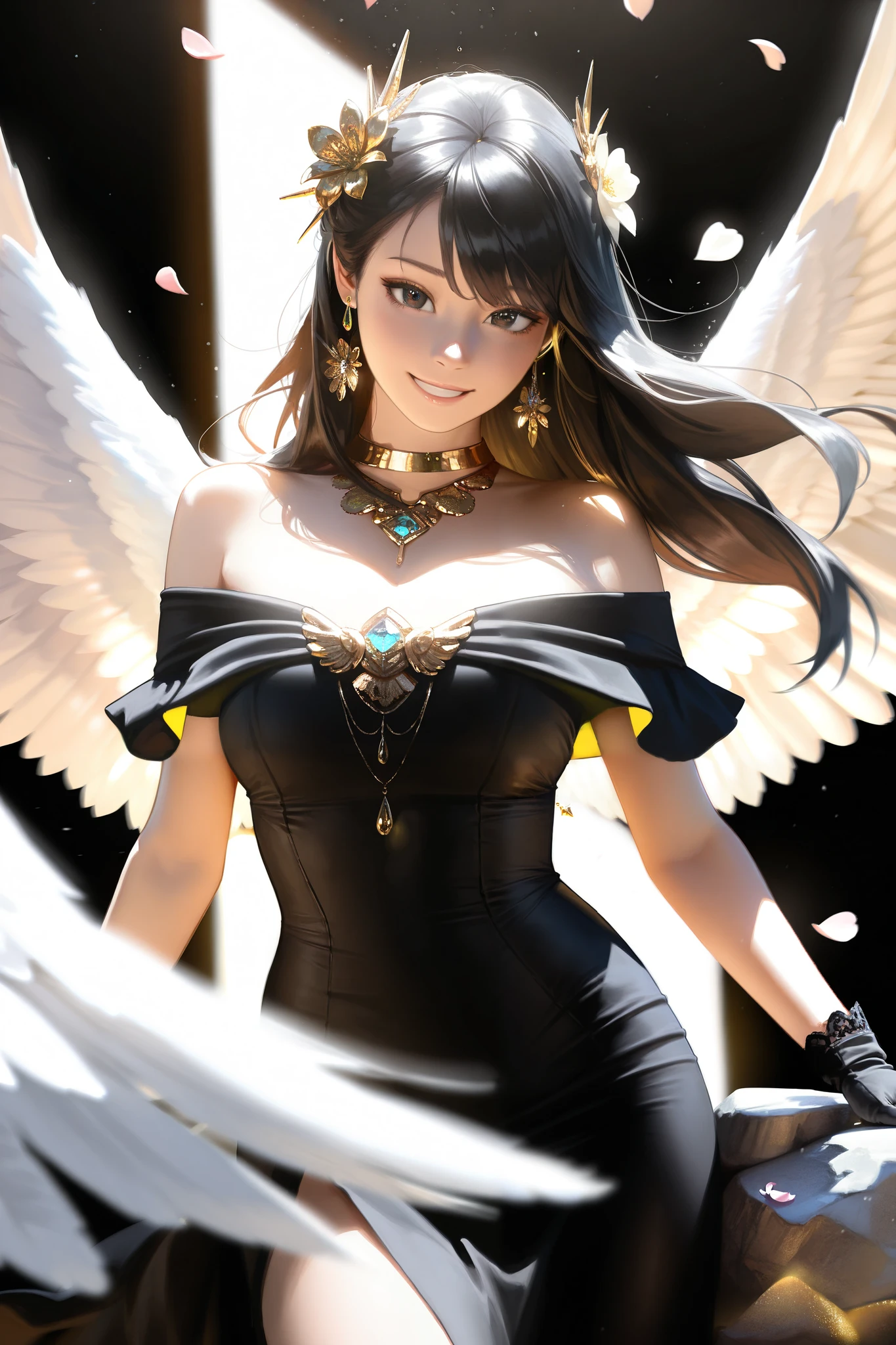  jorbria ,  angel wings ,  beautiful woman , ( Photorealistic), with backlight,  black background , black  dress , black gloves,  black hair, smile,  cowboy shot,  dress , earrings, Floating hair, gloves, gold earrings, gold ,  Hair flower ,  hair ornament , (()),  jewelry , Particles of light,  long hair,  View Viewer, off-the-shoulder  dress , no shoulders,  petals , Side Rock , One, spike , beautiful dress,  Double-sided fabric , (( masterpiece fails))  