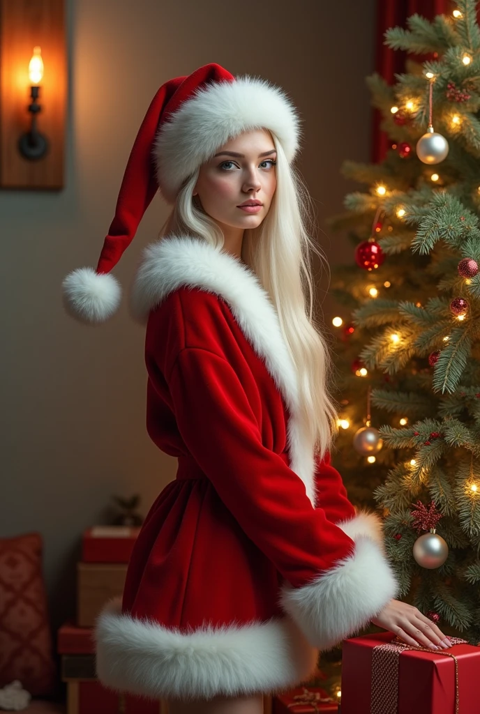 Super realistic 8K UHD image (((Masterpiece))), (((Best quality))), ((ultra definition)), of a Santa Claus, 3D Disney, smiling and fat, blue eyes. white hair and beard. red Santa Claus suit, leaving Christmas gifts by the tree in the living room, 1 3d disney girl, spying on him hiding excited, pretty bright face