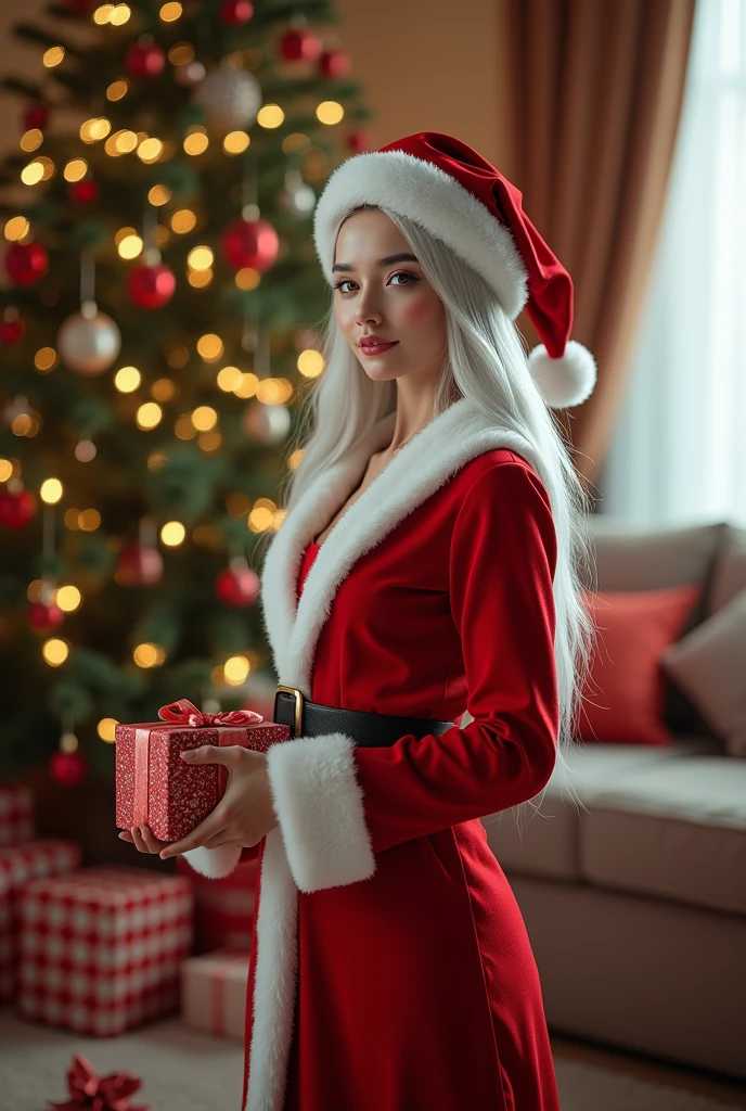 Super realistic 8K UHD image (((Masterpiece))), (((Best quality))), ((ultra definition)), of a Santa Claus, 3D Disney, smiling and fat, blue eyes. white hair and beard. red Santa Claus suit, leaving Christmas gifts by the tree in the living room, 1 3d disney girl, spying on him hiding excited, pretty bright face