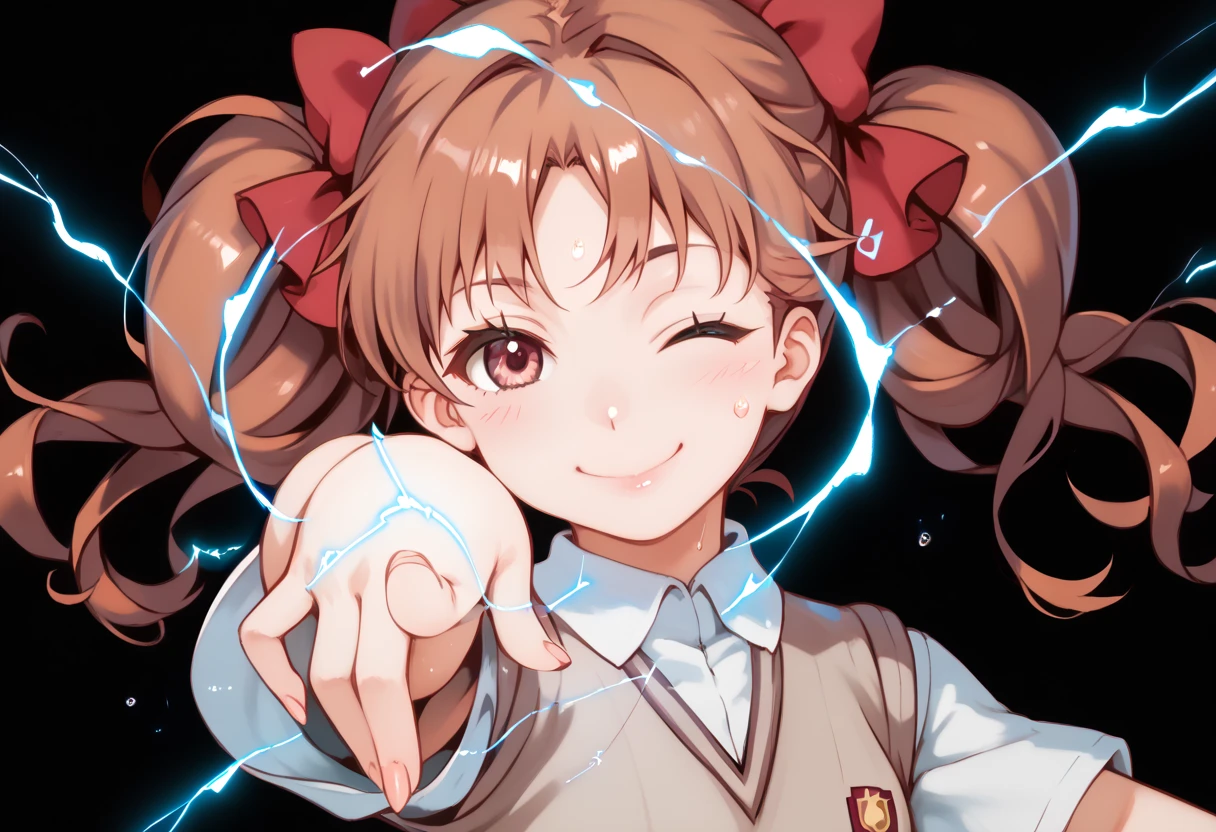 kuroko shirai, brown hair, long hair, parted bangs, brown eyes, ringlets, twintails, hair bow, bow, red bow,,tokiwadai school uniform,sweater vest,school uniform, upper body,shirt,flower,score_9, score_8_up, score_7_up, ,perfect hands, perfect finger,perfect anatomy, masterpiece, best quality,realistic, hyperrealistic, 16k hdr,1 mature female,black background,sweat,(pointing electricity:1.5), facing viewer, looking at the viewer, electricity,(happy smile,wink:1.5),(strong wind:1.3),(tilt head:1.5),(aura:1.5)