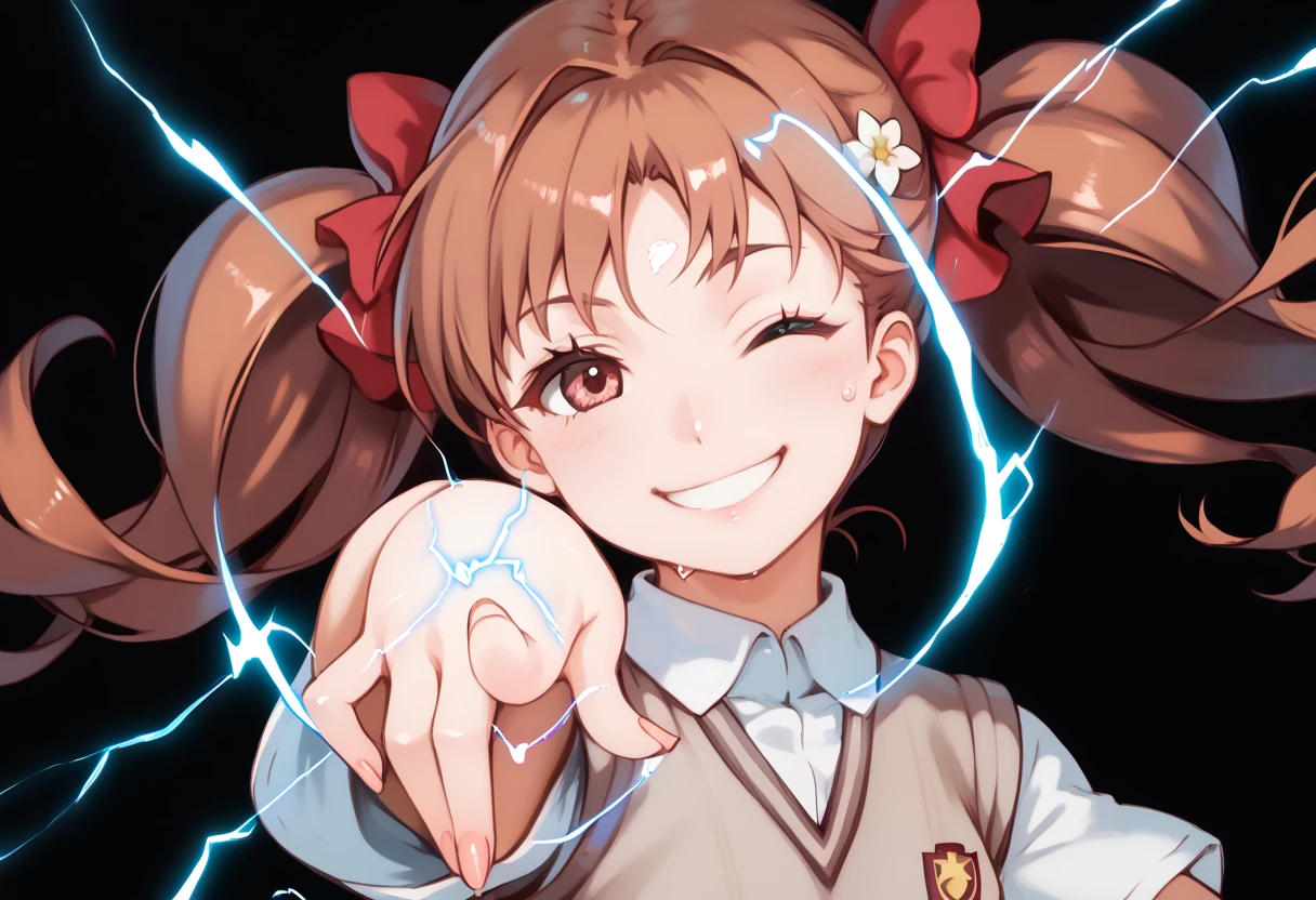 kuroko shirai, brown hair, long hair, parted bangs, brown eyes, ringlets, twintails, hair bow, bow, red bow,,tokiwadai school uniform,sweater vest,school uniform, upper body,shirt,flower,score_9, score_8_up, score_7_up, ,perfect hands, perfect finger,perfect anatomy, masterpiece, best quality,realistic, hyperrealistic, 16k hdr,1 mature female,black background,sweat,(pointing electricity:1.5), facing viewer, looking at the viewer, electricity,(happy smile,wink:1.5),(strong wind:1.3),(tilt head:1.5),(aura:1.5)