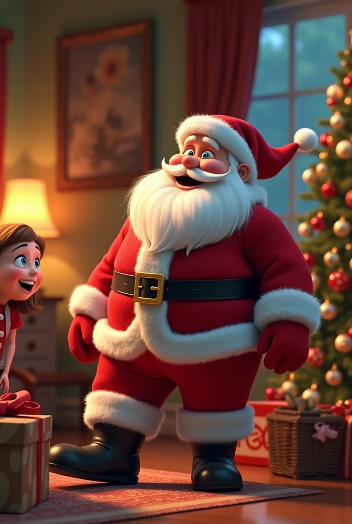 Super realistic 8K UHD image (((Masterpiece))), (((Best quality))), ((ultra definition)), of a Santa Claus, 3D Disney, smiling and fat, blue eyes. white hair and beard. red Santa Claus suit, leaving Christmas gifts by the tree in the living room, 1 3d disney girl, spying on him hiding excited, pretty bright face