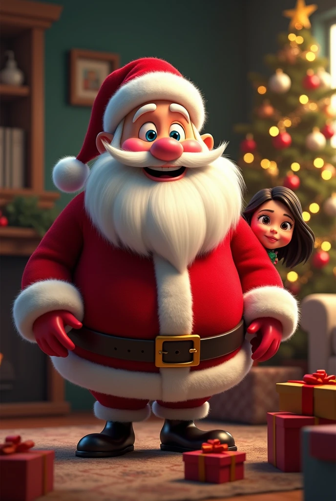 Super realistic 8K UHD image (((Masterpiece))), (((Best quality))), ((ultra definition)), of a Santa Claus, 3D Disney, smiling and fat, blue eyes. white hair and beard. red Santa Claus suit, leaving Christmas gifts by the tree in the living room, 1 3d disney girl, spying on him hiding excited, pretty bright face