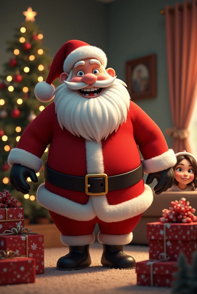 Super realistic 8K UHD image (((Masterpiece))), (((Best quality))), ((ultra definition)), of a Santa Claus, 3D Disney, smiling and fat, blue eyes. white hair and beard. red Santa Claus suit, leaving Christmas gifts by the tree in the living room, 1 3d disney girl, spying on him hiding excited, pretty bright face