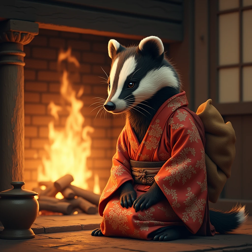 『Musina』 、It looks like a badger 、Wearing a kimono、 The background is watching the fire at the end of the hearth、