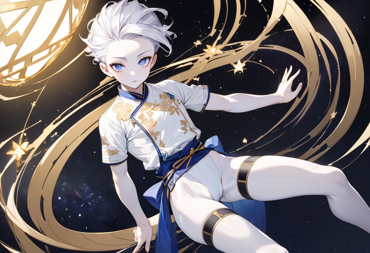 Fresh illustration,
Ultra-fine drawing,
Very delicate illustration,
Very fine details,
One boy,
Full body,
Height 158cm,
Pale skin,
Right eye is purple,
Left eye is blue,
Odd eyes,
Heterochromie iris,
Beautiful eyes,
Large black pupils,
Cleanly cut hairstyle,
Slicked back hairstyle,
Short hair,
Shiny hair,
White hair,
Protruding forehead,
Cute face,
Pretty face,
Shiny halo on the back of the head,
Raised eyebrows,
Kimono upper body,
Japanese clothing upper body,
Masculine build,
Six pack,
Very small breasts,
No breasts,
Chinese dress lower body,
Black obi,
Overall white clothes,
Tasteful embroidery with gold thread,
Clothes with high-quality texture,
Jock straps,
Thigh straps top,
thigh straps digging into skin,
white long boots,
Japanese-style toes,
five fingers and toes,
thin waist,
thin legs,
isometric,
golden ratio,
divine atmosphere,
wearing an indigo-colored stand-up collared inner,
outer space,
galaxy,
countless small stars,
tactical use of shadows,
free pose,
sexy pose,
exposed skin,
naughty pose,
adult pose,
lewd appearance,
looking at camera,
buttocks facing camera,
pervert,
clothes are see-through, revealing pink nipples and penis