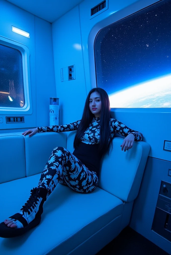 [Subject]: A futuristic woman wearing a sleek, glowing bodysuit with intricate neon blue patterns. [Details]: The bodysuit is form-fitting and adorned with glowing, futuristic script and symbols. Her expression is serene, and she is reclining comfortably on a soft, white pillow. [Environment / Background]: Inside a high-tech spacecraft with a large viewing window showing Earth and a star-filled galaxy. The room is sleek, minimalistic, and futuristic in design. [Lighting]: Soft, ambient blue light fills the scene, accentuating the glow of the bodysuit and creating a tranquil, ethereal atmosphere. [Style]: Photorealistic with meticulous details on the textures of the bodysuit and the environment. [Mood / Atmosphere]: Relaxed, futuristic, and awe-inspiring. [Camera Angle]: Close-up of the woman reclining, with a partial view of the spacecraft window and Earth in the background. [Quality & Resolution]: Ultra-high resolution, crisp and highly detailed. [Other Specifics]: The neon glow should subtly illuminate her face and the surrounding area for added depth.