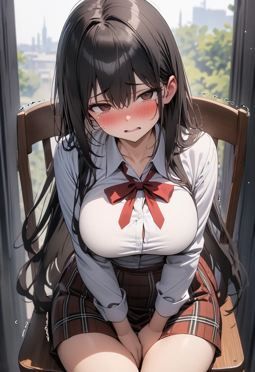 NSFW Tohsaka Rin, Aqua Eye, (Black Hair:1.5), hair ribbon, Long Hair, ribbon, Side Lock, Both sides up, (Parted bangs:1.5), break (brown Sweater vest:1.2), collared shirt, Homurahara Academy uniform, neck ribbon, red ribbon, ribbon, , shirt, Sweater vest, white shirt, break indoors, classroom, break looking at viewer, (Cowboy Shot:1.5) break (masterpiece:1.2), Highest quality, High resolution, unity 8k wallpaper, (figure:0.8), (Beautiful attention to detail:1.6), Highly detailed face, Perfect lighting, Highly detailed CG, (Perfect hands, Perfect Anatomy), Sit on a chair Cute white panties Spread your legs Spread your legs