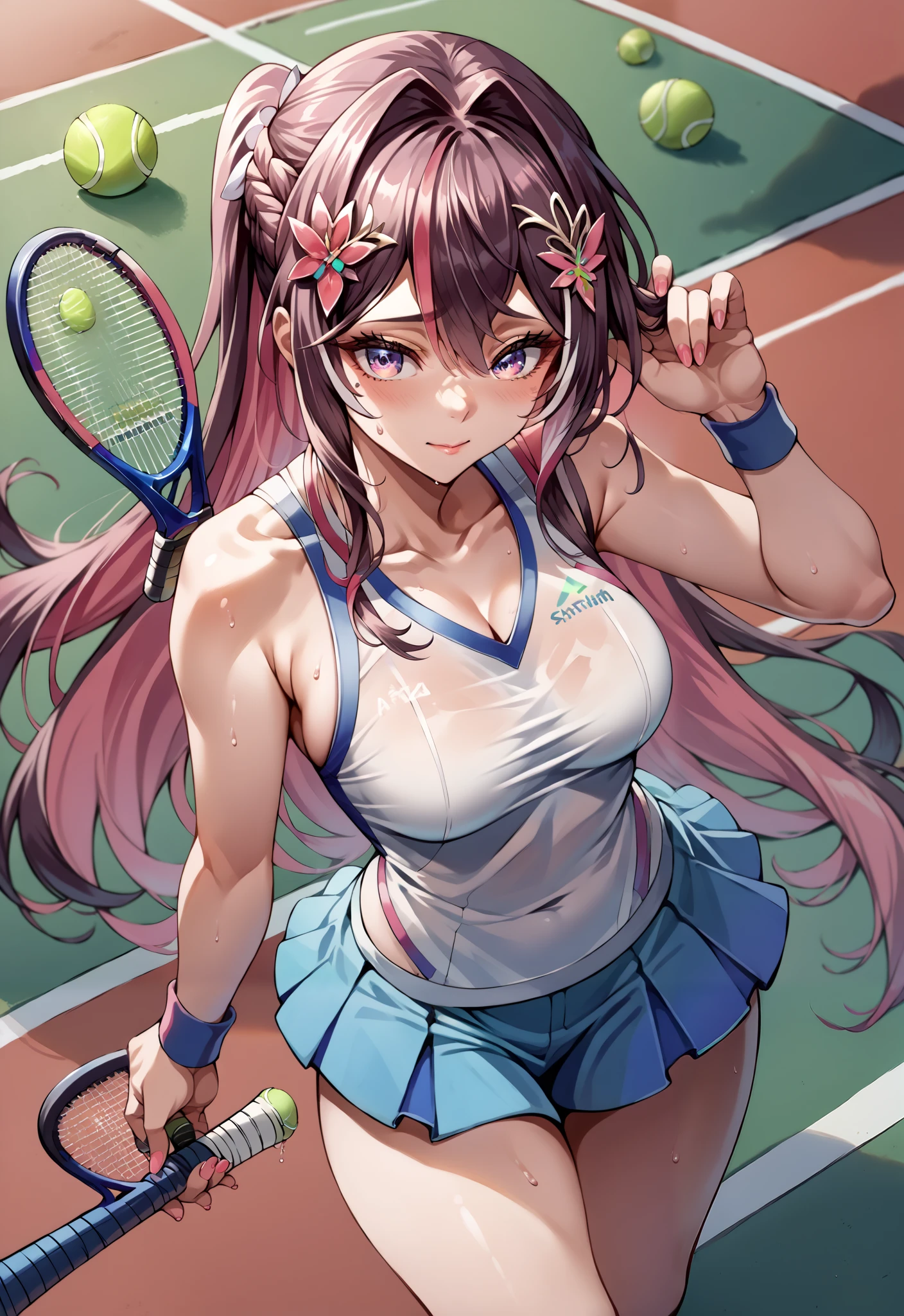 score_9, score_8_up, score_7_up, source_anime,4K,perfect fingers,(perfect hands, perfect anatomy),
1girl,Azki, multicolored hair, long hair, french braid, hair ornament, 
wearing ((HotTraining, Tennis Sportwear)),
tennis racket, tennis court, 