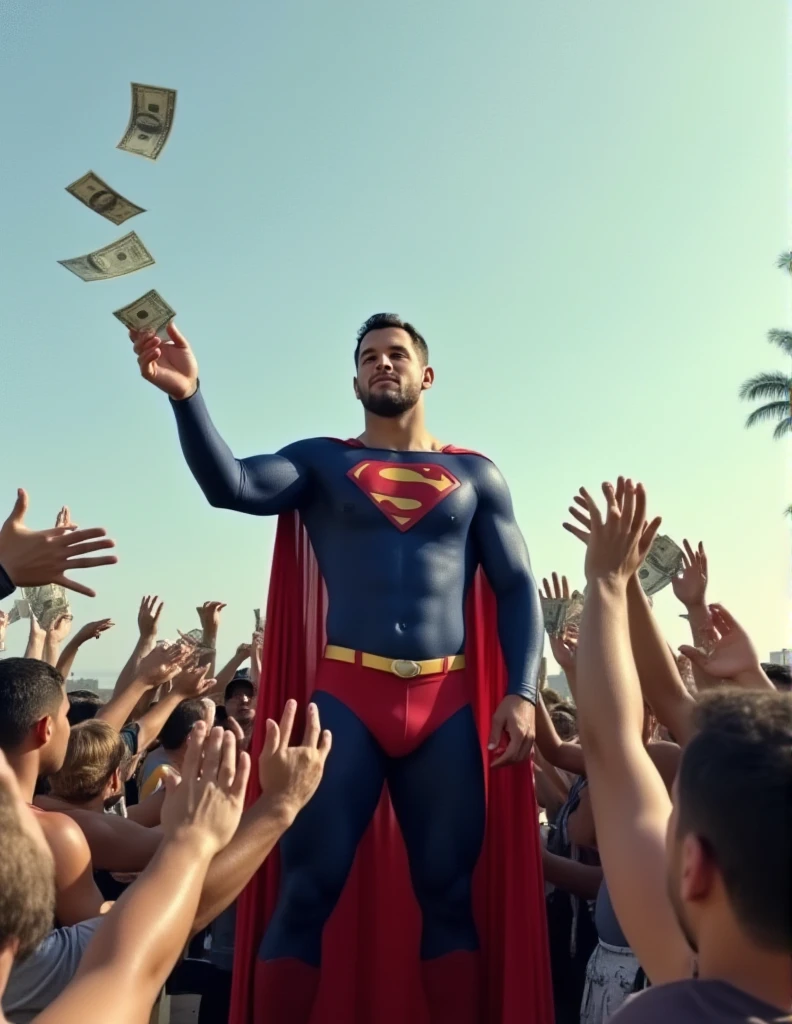 Superman dropped money from the sky, and a group of people raised their heads on the ground to grab the money. a buff man in a superman costume (think movie version of Superman-black undercut, blue tights and red cape and red boots and red briefs) holds a small