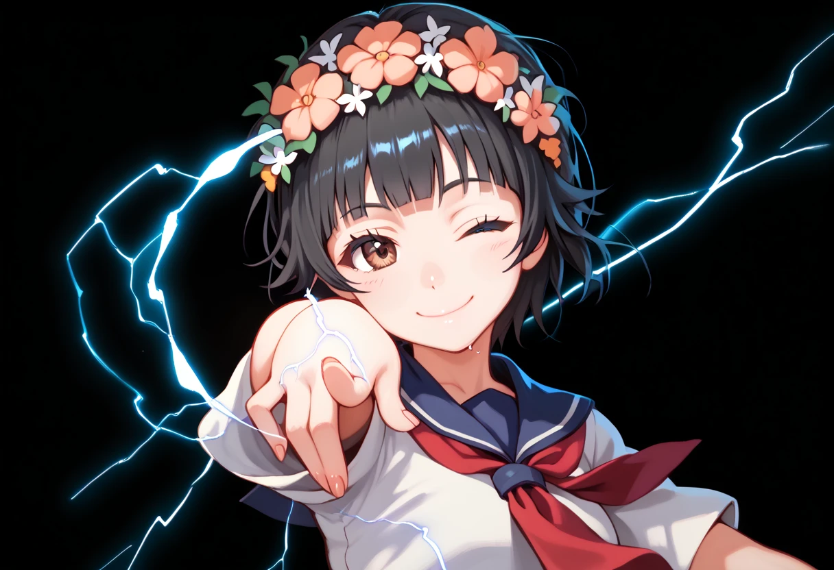 Kazari Uiharu,black hair, short hair, brown eyes, head wreath, hair flower, hair ornament,serafuku, white shirt, red necktie, blue sailor collar, blue skirt,,score_9, score_8_up, score_7_up, ,perfect hands, perfect finger,perfect anatomy, masterpiece, best quality,realistic, hyperrealistic, 16k hdr,1 mature female,black background,sweat,(pointing electricity:1.2), facing viewer, looking at the viewer, electricity, electrokinesis,(smile,wink:1.5),(strong wind:1.3),(tilt head:1.5),(aura:1.5),