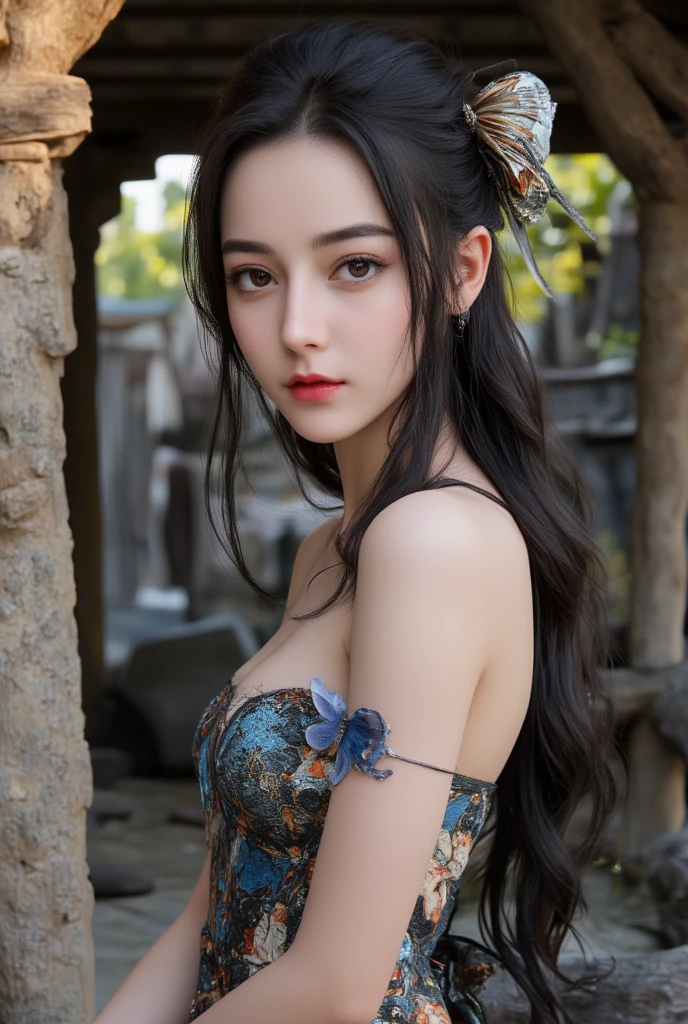 Masterpiece, full body, random angle view, photography, 
"Japanese beautiful young woman, white pale skin",very long hair elaborate updo black, pretty Strapless dress,with butterfly (fabric butterfly around), medival style, front of rough stone wood cabin, Apocalypse environment, 