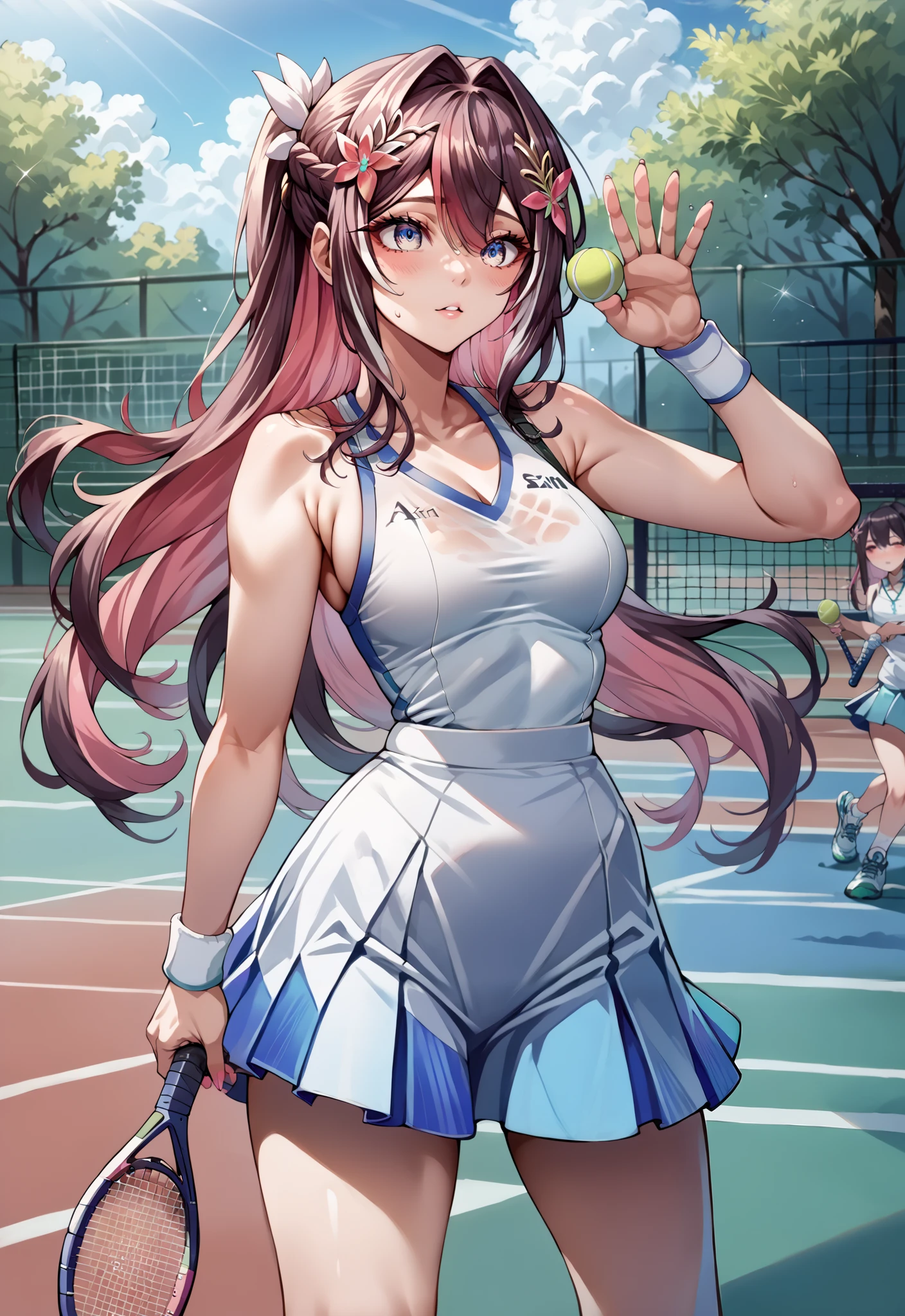 score_9, score_8_up, score_7_up, source_anime,4K,perfect fingers,(perfect hands, perfect anatomy),
1girl,Azki, multicolored hair, long hair, french braid, hair ornament, 
wearing ((HotTraining, Tennis Sportwear)),
tennis racket, tennis court, standing, holding tennis racket,