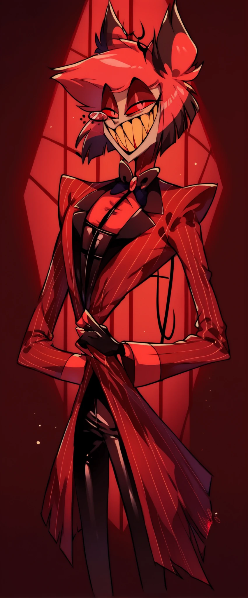 Alastor (Hazbin Hotel), radio demon, sharp toothed grin, ((((dark red formal (((shiny latex suit))) with pinstripes)))), monocle, elegant cane, sinister smile, high contrast lighting, hazbin hotel lobby background