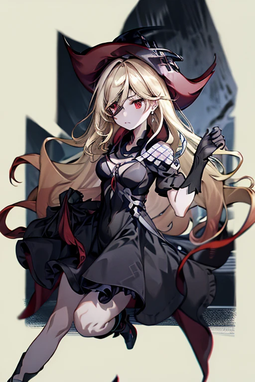  red eyes,  black ruffle dress,  black border on dress , black gloves and shoes ,  wave hair,  grayish blonde hair color 、 cowboy shot,  black dress