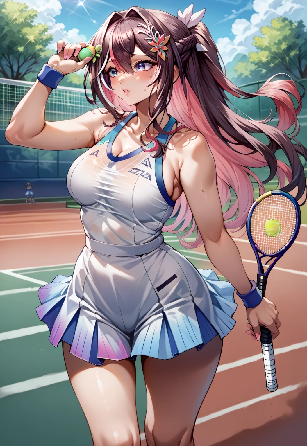 score_9, score_8_up, score_7_up, source_anime,4K,perfect fingers,(perfect hands, perfect anatomy),
1girl,Azki, multicolored hair, long hair, french braid, hair ornament, large breast,
wearing ((HotTraining, Tennis Sportwear)),
tennis court, standing, arms beside,