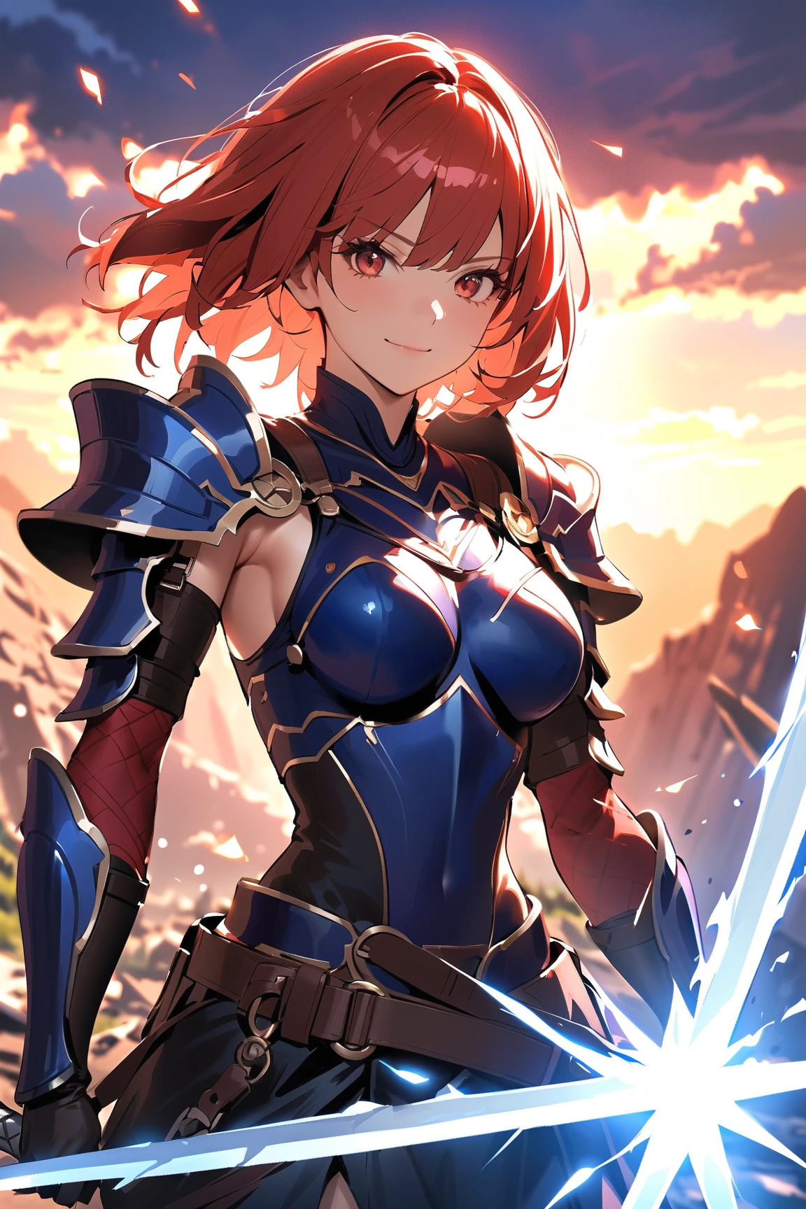 ((Masterpiece, highest quality)), a close up of a person with a sword in a desert, pale black armor, north adult female warrior, warrior outfit, tied leather armor, wearing studded leather armor, desert breathing armor, wearing a dark heavy plate armor, wearing leather assassin armor, oblivion armor, brown heavy armor, black and reddish color armor, brown armor, red hair, dark red eyes, hoding sword